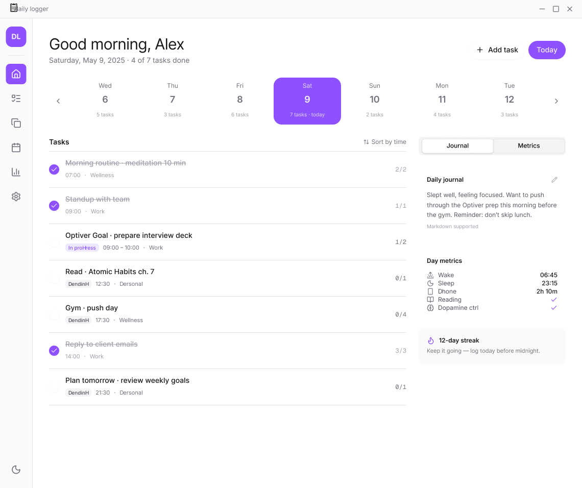 Afralog's home screen: a week strip, the day's tasks with times and progress, a daily journal, day metrics and a 12-day streak